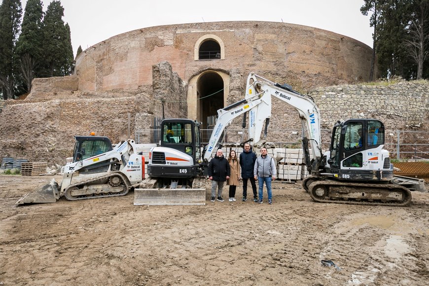 A Team of Five Bobcat Machines at Work on Archaeological Excavations at the Mausoleum of Augustus in Rome